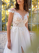 Chic A-line Illusion Neck Lace Tulle Wedding Dresses Appliques Lace-Dbrbridal