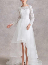 Chic A-line Illusion Neck Long Sleeves Detachable Lace Wedding Dresses-Dbrbridal