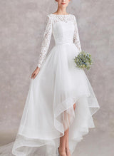 Chic A-line Illusion Neck Long Sleeves Detachable Lace Wedding Dresses-Dbrbridal