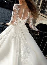 Chic A-line Illusion Neck Long Sleeves Sweep Train Lace Tulle Wedding Dresses-Dbrbridal