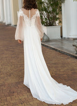 Chic A-line Illusion Neck Long Sleeves Tulle Wedding Dresses Appliques Lace-Dbrbridal