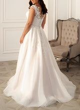 Chic A-line Illusion Neck Sleeveless Sweep Train Lace Wedding Dress for Plus Size-Dbrbridal