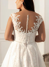 Chic A-line Illusion Neck Sleeveless Sweep Train Lace Wedding Dress for Plus Size-Dbrbridal