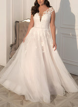 Chic A-line Illusion Neck Sleeveless Sweep Train Lace Wedding Dress for Plus Size-Dbrbridal