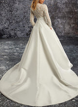 Chic A-line Long Sleeves Court Train Lace Satin Wedding Dresses Pockets-Dbrbridal