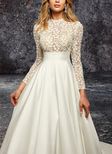 Chic A-line Long Sleeves Court Train Lace Satin Wedding Dresses Pockets-Dbrbridal
