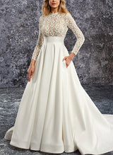 Chic A-line Long Sleeves Court Train Lace Satin Wedding Dresses Pockets-Dbrbridal