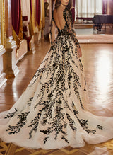 Chic A-line Long Sleeves Court Train Lace Wedding Dresses-Dbrbridal