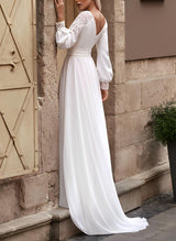 Chic A-line Long Sleeves Sweep Train Chiffon Wedding Dresses Lace-Dbrbridal