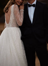 Chic A-line Long Sleeves Sweep Train Lace Sequined Wedding Dresses-Dbrbridal