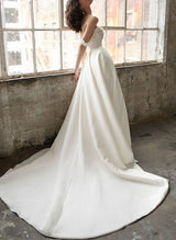 Chic A-line Off-The-Shoulder Elastic Satin Wedding Dresses Split Front Flower Detail-Dbrbridal