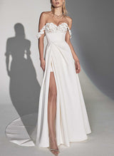 Chic A-line Off-The-Shoulder Elastic Satin Wedding Dresses Split Front Flower Detail-Dbrbridal