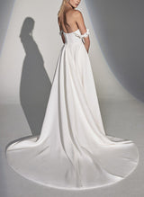 Chic A-line Off-The-Shoulder Elastic Satin Wedding Dresses Split Front Flower Detail-Dbrbridal