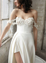 Chic A-line Off-The-Shoulder Elastic Satin Wedding Dresses Split Front Flower Detail-Dbrbridal