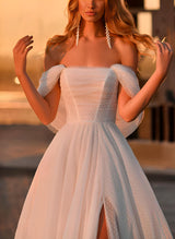 Chic A-line Off-The-Shoulder Sleeveless Sweep Train Tulle Wedding Dresses Split Front-Dbrbridal