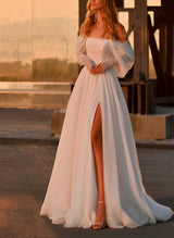 Chic A-line Off-The-Shoulder Sleeveless Sweep Train Tulle Wedding Dresses Split Front-Dbrbridal