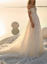 Chic A-line Off-the-Shoulder Tulle Sweep Train Wedding Dresses Appliques Lace-Dbrbridal
