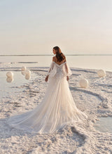 Chic A-line Off-the-Shoulder Tulle Sweep Train Wedding Dresses Appliques Lace-Dbrbridal