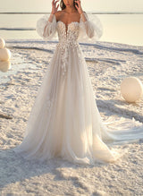 Chic A-line Off-the-Shoulder Tulle Sweep Train Wedding Dresses Appliques Lace-Dbrbridal