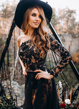 Chic A-line One-Shoulder Long Sleeves Sweep Train Lace Wedding Dresses-Dbrbridal