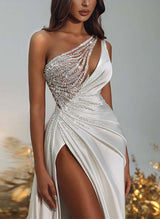 Chic A-line One Shoulder Sleeveless Sweep Train Wedding Dresses-Dbrbridal