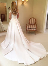 Chic A-line Princess V-Neck Short Sleeve Lace Satin Chapel Train Wedding Dress Lace-Dbrbridal