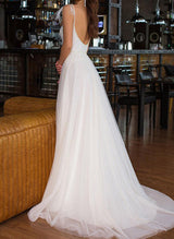 Chic A-line Princess V Neck Tulle Lace Sweep Train Wedding Dresses Front Split Lace-Dbrbridal