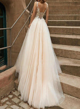 Chic A-line Princess V Neck Tulle Lace Sweep Train Wedding Dresses Lace-Dbrbridal