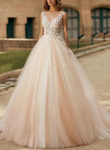 Chic A-line Princess V Neck Tulle Lace Sweep Train Wedding Dresses Lace-Dbrbridal