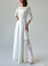 Chic A-line Scoop Neck 3 4 Sleeves Floor-Length Lace Wedding Dresses-Dbrbridal