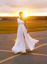 Chic A-line Scoop Neck Long Sleeves Chiffon Sweep Train Wedding Dress Beaded-Dbrbridal