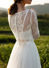 Chic A-line Scoop Neck Long Sleeves Lace Tulle Wedding Dresses Front Split-Dbrbridal