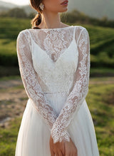 Chic A-line Scoop Neck Long Sleeves Lace Tulle Wedding Dresses Front Split-Dbrbridal