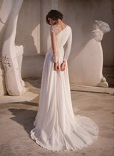 Chic A-line Scoop Neck Long Sleeves Sweep Train Wedding Dresses Front Split-Dbrbridal