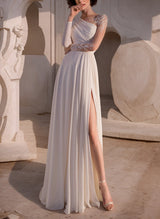 Chic A-line Scoop Neck Long Sleeves Sweep Train Wedding Dresses Front Split-Dbrbridal