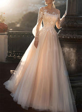 Chic A-line Scoop Neck Long Sleeves Tulle Lace Wedding Dresses Appliques Lace Pleated-Dbrbridal