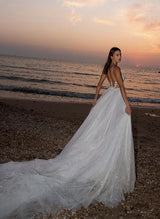 Chic A-line Scoop Neck Sweep Train Tulle Wedding Dress Appliques Lace-Dbrbridal