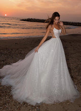 Chic A-line Scoop Neck Sweep Train Tulle Wedding Dress Appliques Lace-Dbrbridal