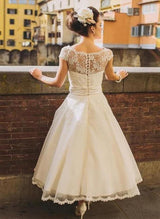 Chic A-line Scoop Neck Tea-Length Tulle Wedding Dresses Lace-Dbrbridal