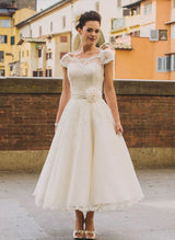 Chic A-line Scoop Neck Tea-Length Tulle Wedding Dresses Lace-Dbrbridal