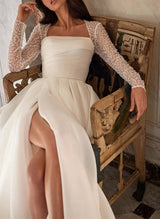 Chic A-line Square Neckline Long Sleeves Chiffon Wedding Dresses High Split-Dbrbridal