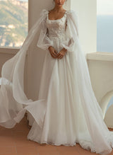 Chic A-line Square Neckline Long Sleeves Lace Tulle Wedding Dresses-Dbrbridal