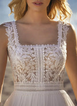 Chic A-line Square Neckline Sleeveless Sweep Train Chiffon Lace Wedding Dresses-Dbrbridal