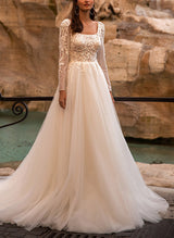 Chic A-line Square Neckline Tulle Wedding Dresses Appliques Lace-Dbrbridal