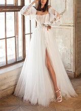 Chic A-line Strapless Long Sleeves Floor-Length Tulle Wedding Dresses Appliques Lace-Dbrbridal