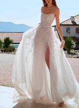 Chic A-line Strapless Sleeveless Court Train Tulle Wedding Dresses Front Split-Dbrbridal