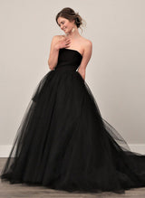 Chic A-line Strapless Sleeveless Tulle Court Train Wedding Dresses Pleated-Dbrbridal