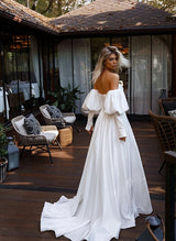 Chic A-line Strapless Sweep Train Satin Wedding Dress Front Split-Dbrbridal