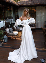 Chic A-line Strapless Sweep Train Satin Wedding Dress Front Split-Dbrbridal