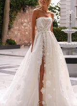 Chic A-line Strapless Tulle Lace Sweep Train Wedding Dresses Appliques Lace Split Front-Dbrbridal